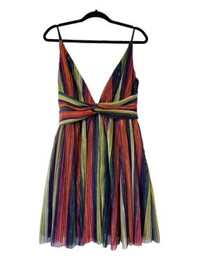 NWT Dee Dee Rainbow Shimmer Striped Low V Mini Party Dress Size Medium